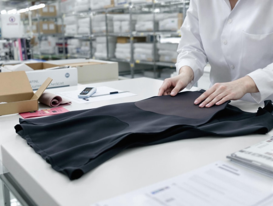 Inspección de una pieza de patrón negra para una muestra de prenda moldeadora