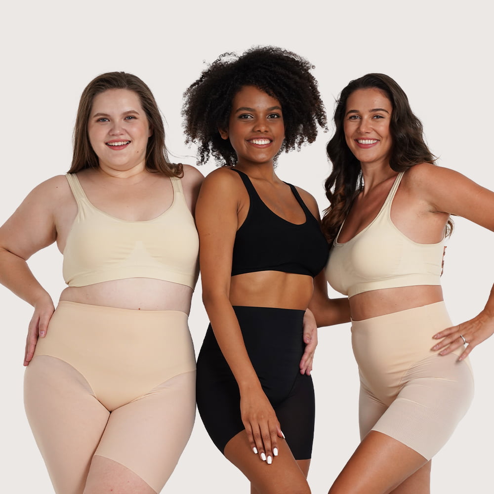 Tres mujeres usando prendas moldeadoras en diferentes tonos de piel
