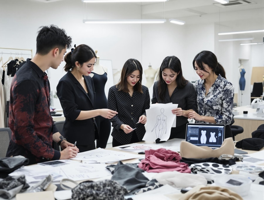 Equipo de producto que coordina modelos, materiales y diseños de shapewear